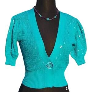 Cache Ocean Blue Clear Sequin Jacket Cotton Knit Top Shrug New NWT Short Sleeve